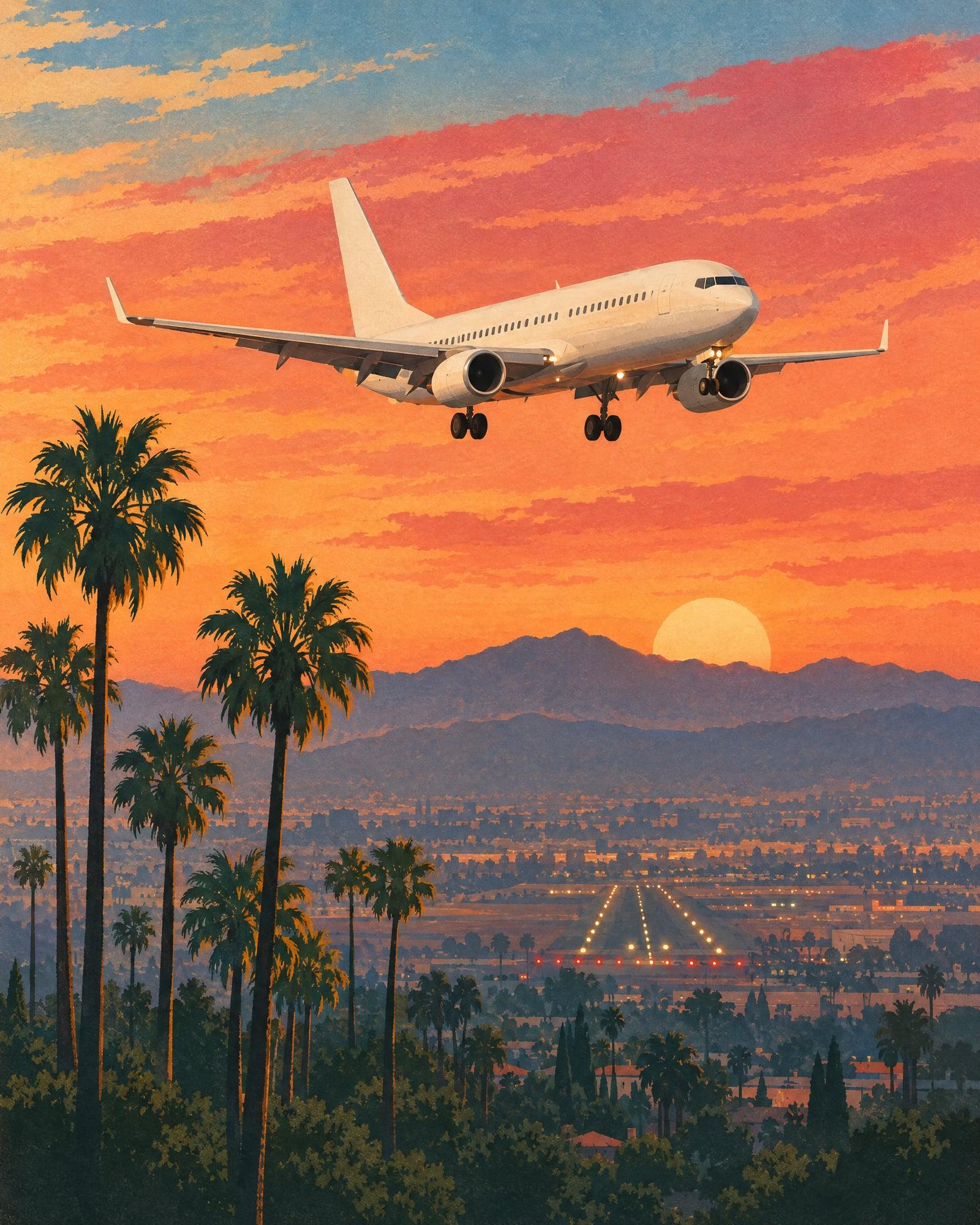 Illustration of an airliner landing over palm trees and the valley at sunset