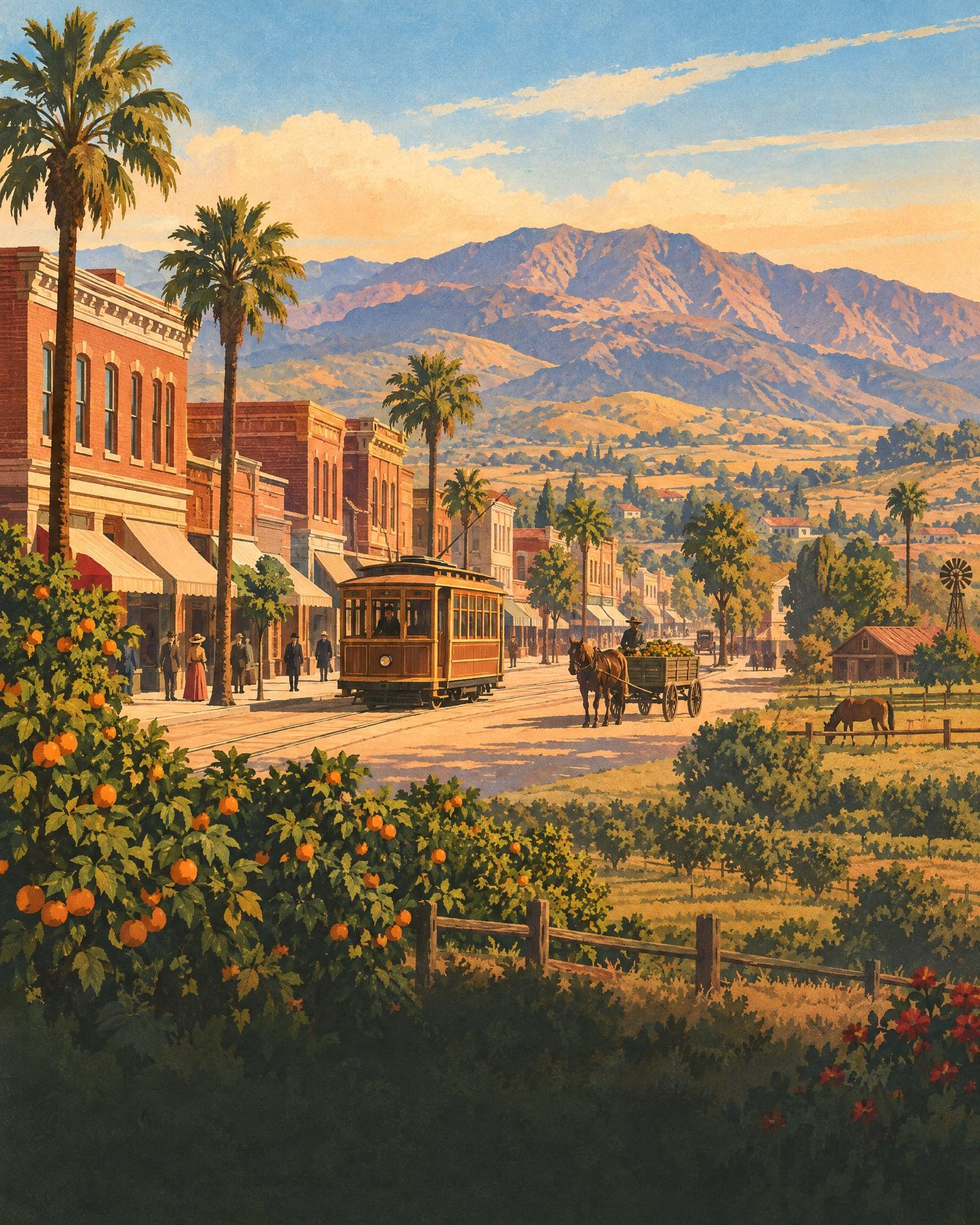 Illustration of a 1911 main street with a streetcar, orange groves and the mountains