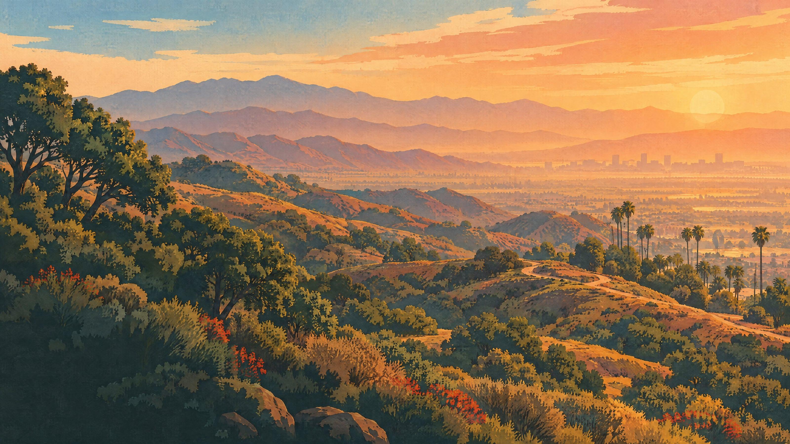Illustration of golden hills rolling toward the San Fernando Valley