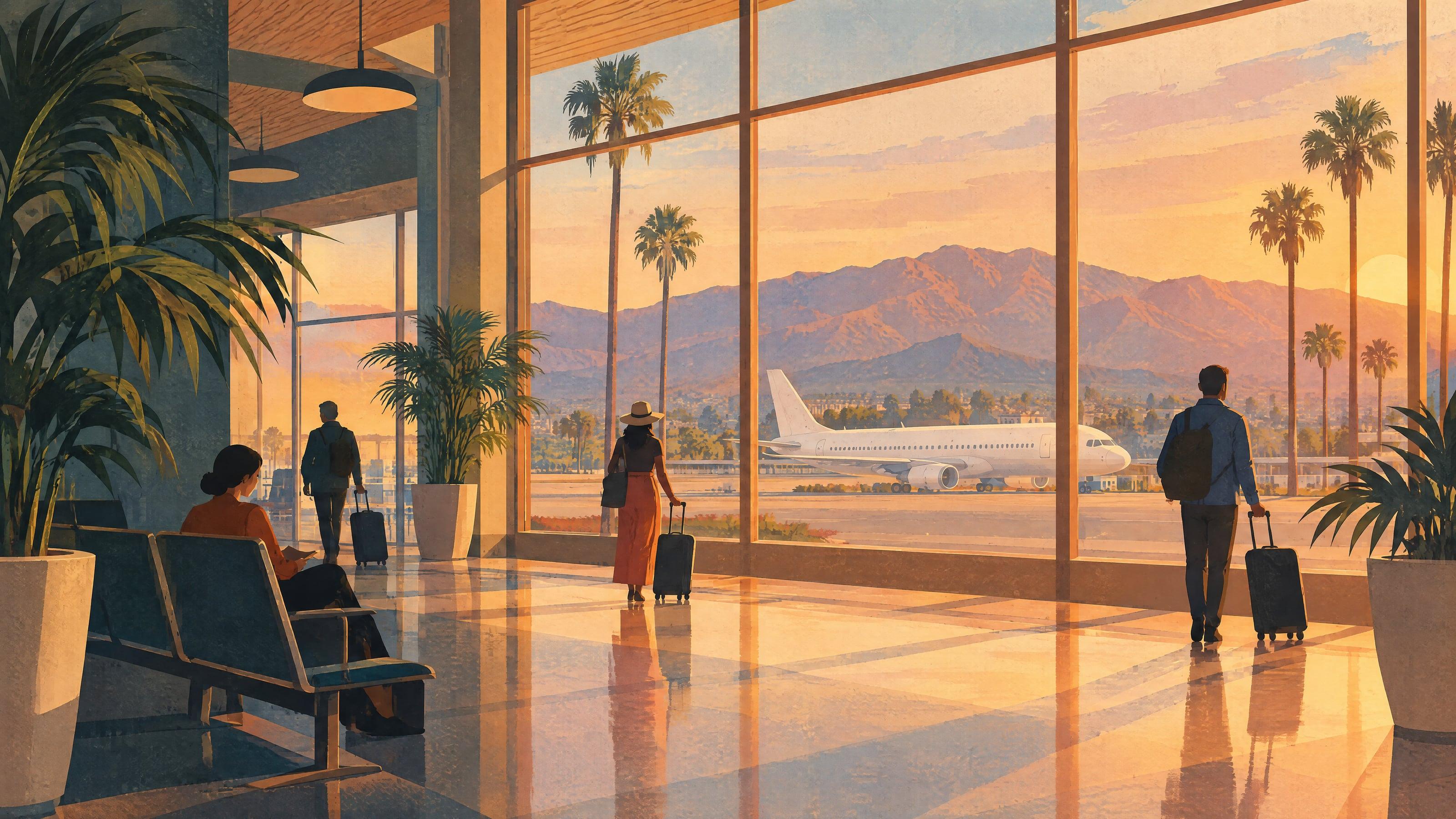 Illustration of travelers in a sunlit airport terminal with an airliner outside
