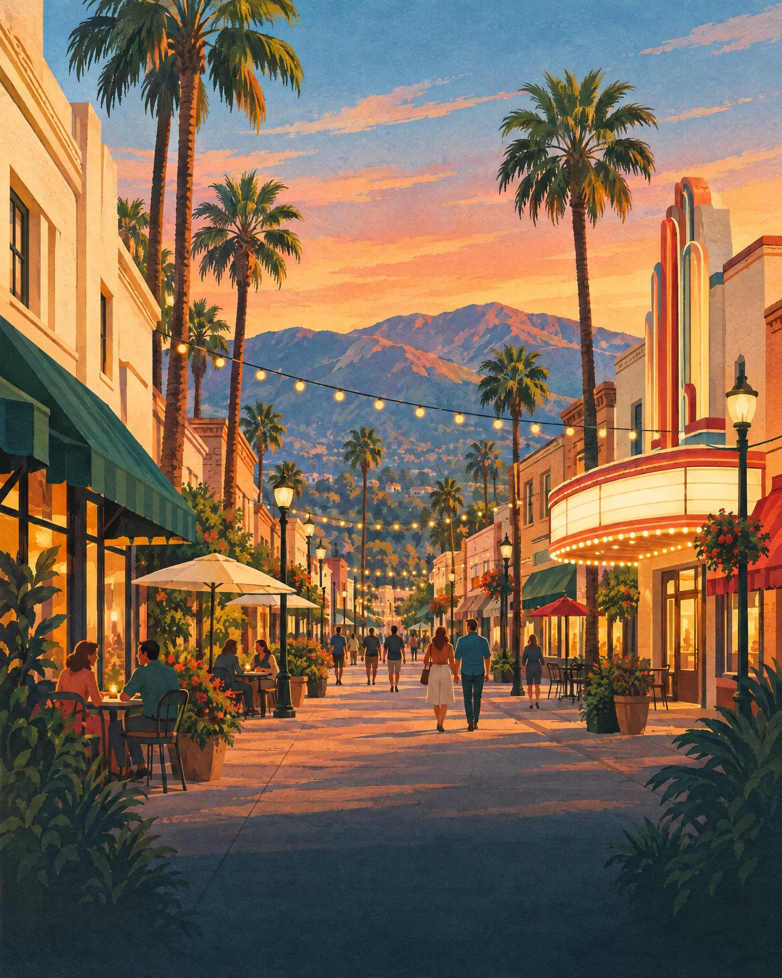 Illustration of a downtown street at twilight with string lights, cafe tables and a theater marquee